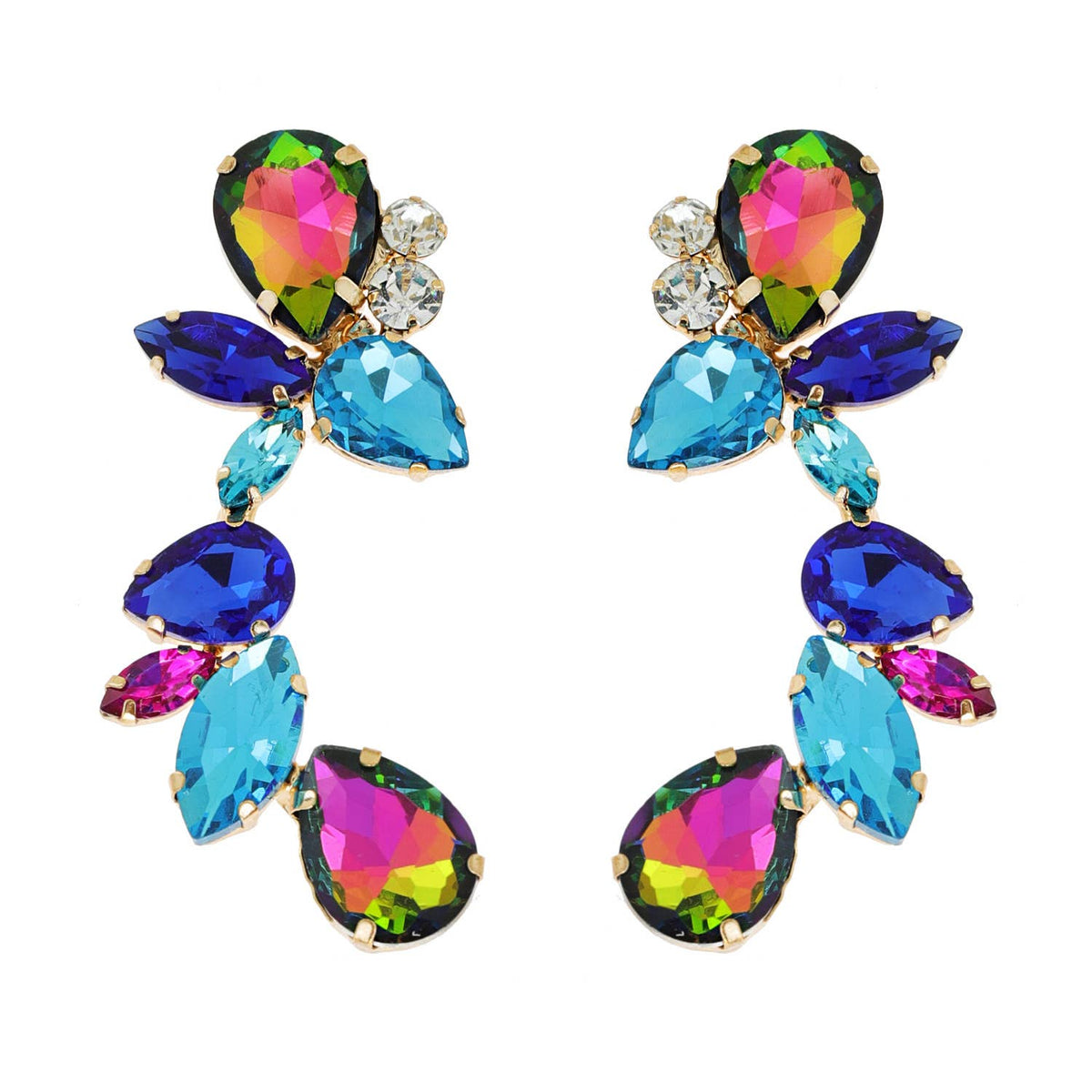 Leaf & Droplet Cut Curved Rhinestone Cluster Drop Earrings