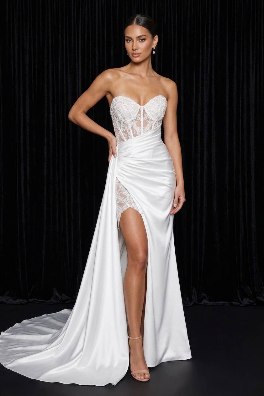 Floor length satin sweetheart dress with split skirt C843