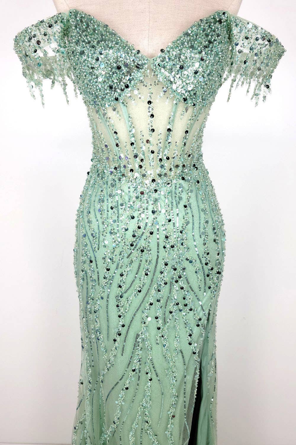 Off the Shoulder Sequin and Bead Long Dress C331