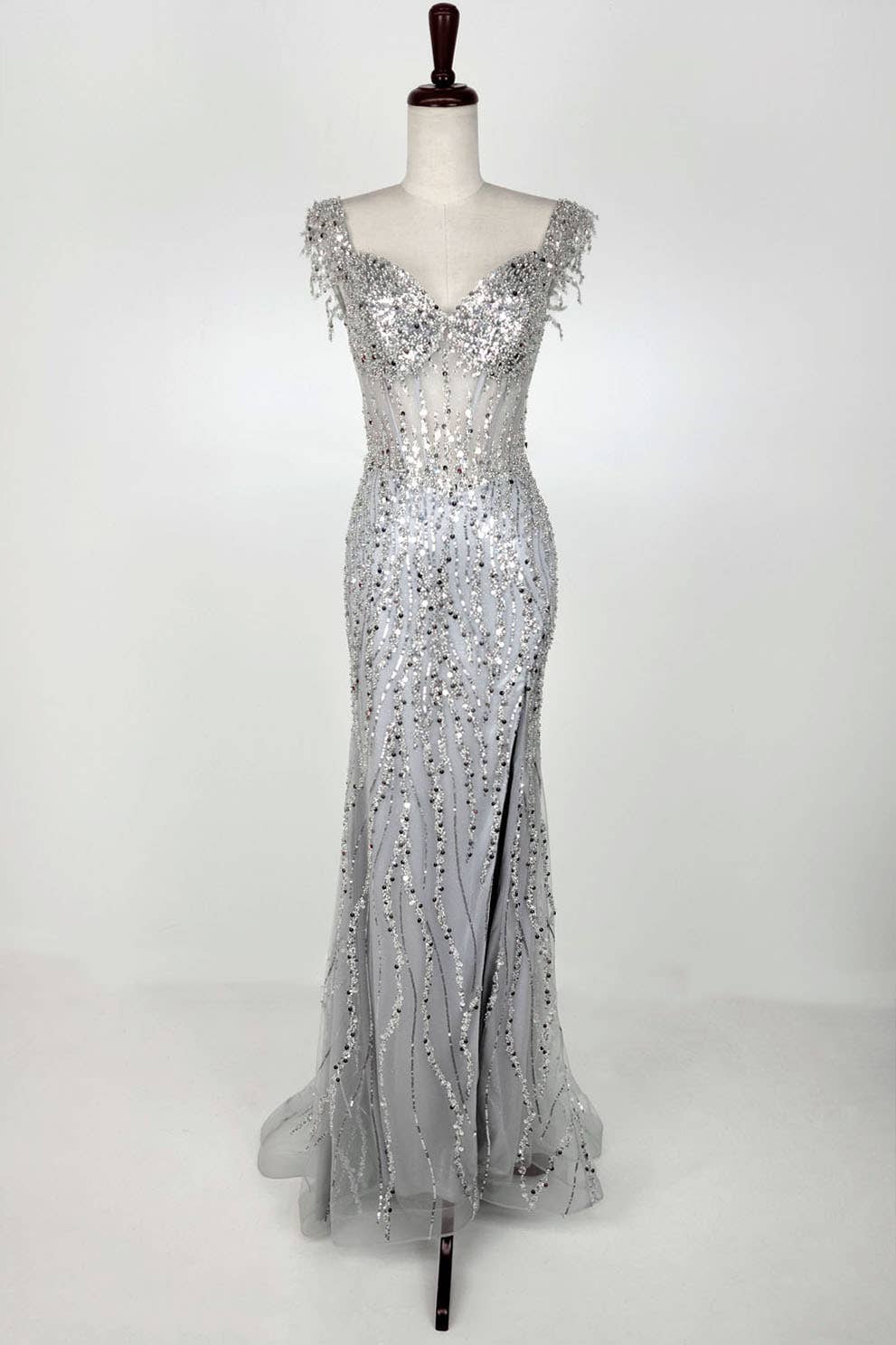 Off the Shoulder Sequin and Bead Long Dress C331