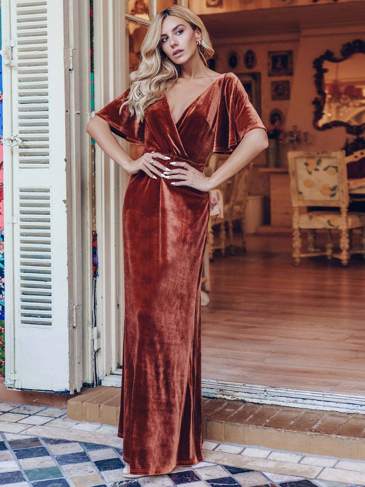 Elegant Double V Neck Velvet Wholesale Party Dress