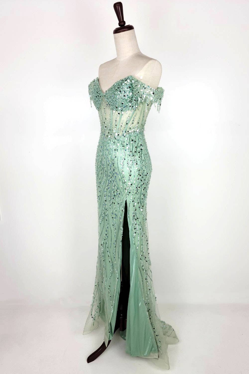 Off the Shoulder Sequin and Bead Long Dress C331