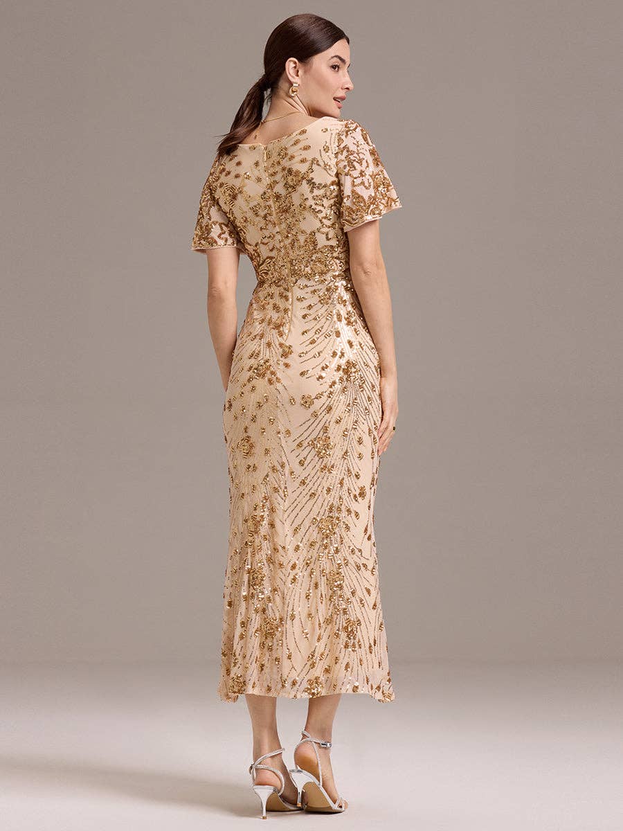 Strapless Deep Fishtail Paillette Midi Evening Dresses