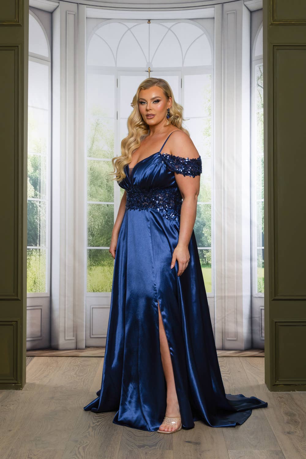 P7536-PLUS SATIN A LINE MAXI DRESS WITH SEQUINS AND BEADING