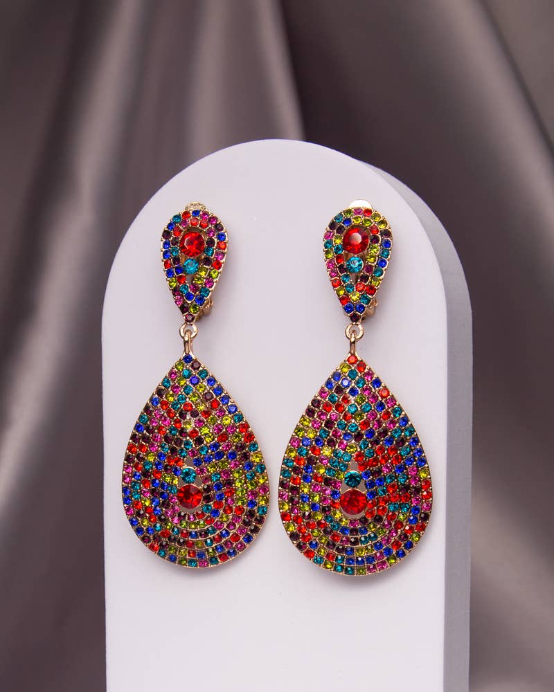 Teardrop Shaped Crystal Pave Clip-On Earrings