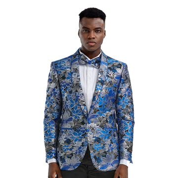 Men's Slim Textured Floral Blazer, Shawl Collar, Royal