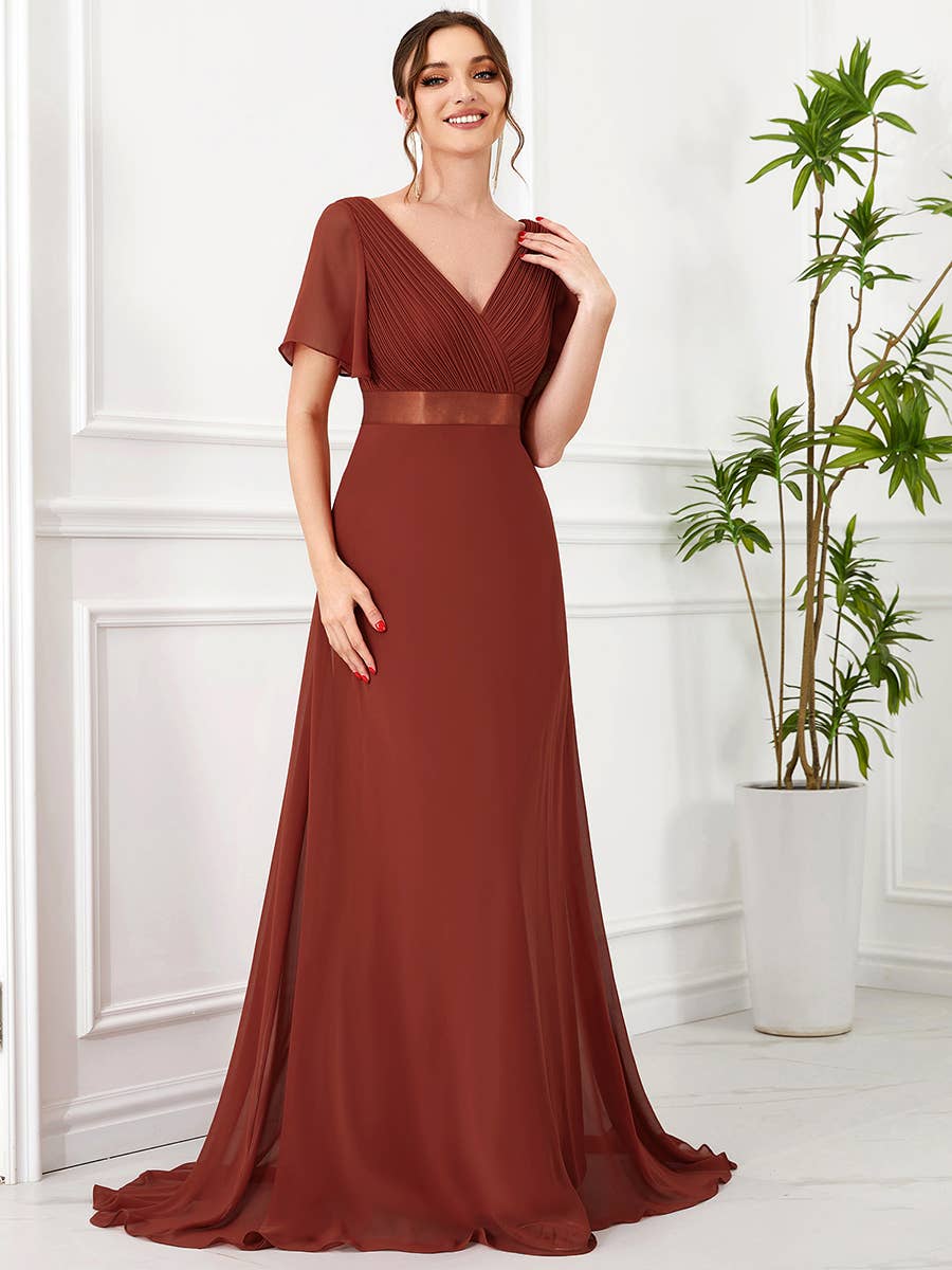 Double V-Neck Ruffles Chiffon Bridesmaid Dress