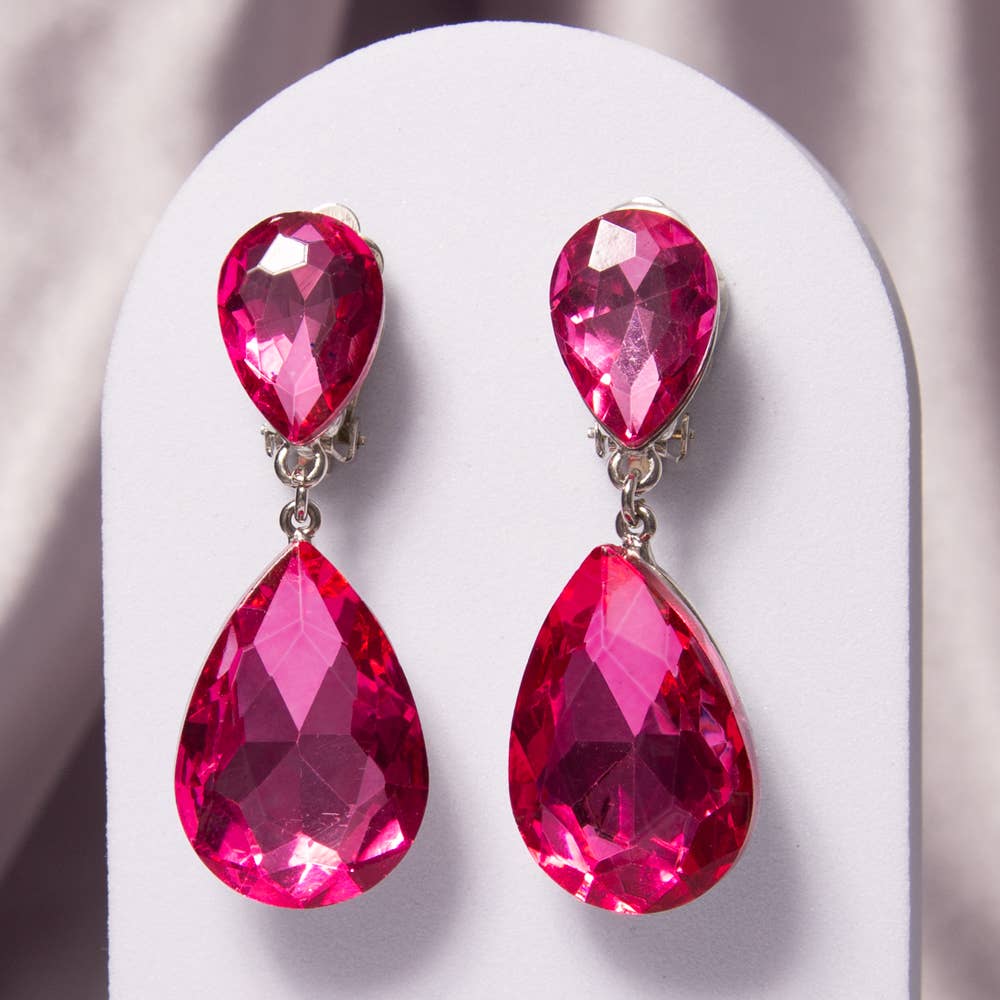 Two-Tier Teardrop-Cut Crystal Dangle Clip-On Earrings