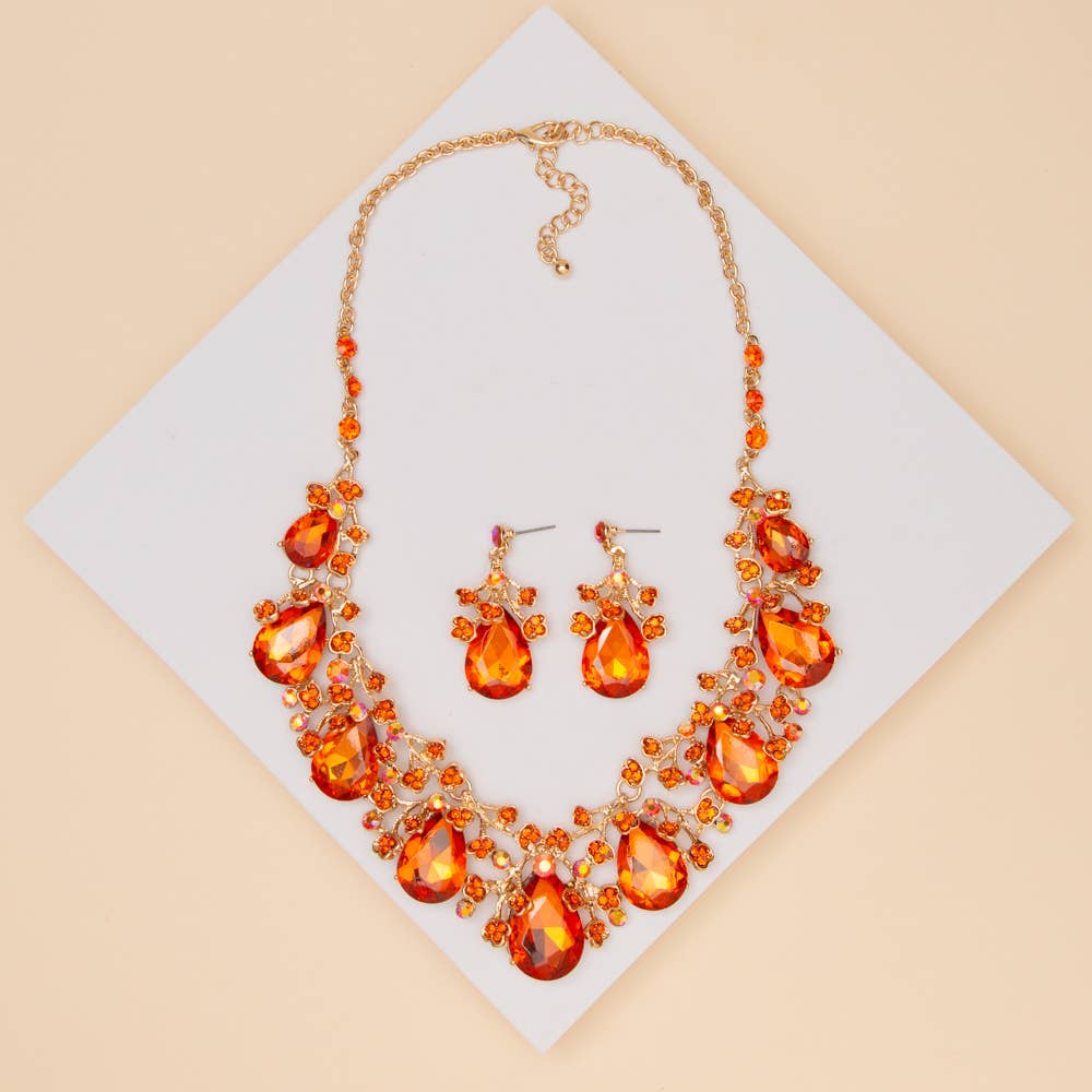 Rhinestone Embellished Teardrop Cut Crystal Necklace Set