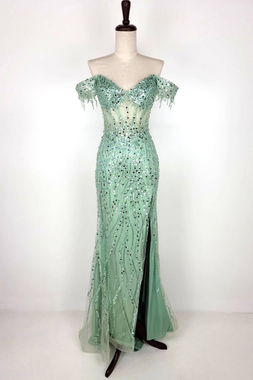 Off the Shoulder Sequin and Bead Long Dress C331