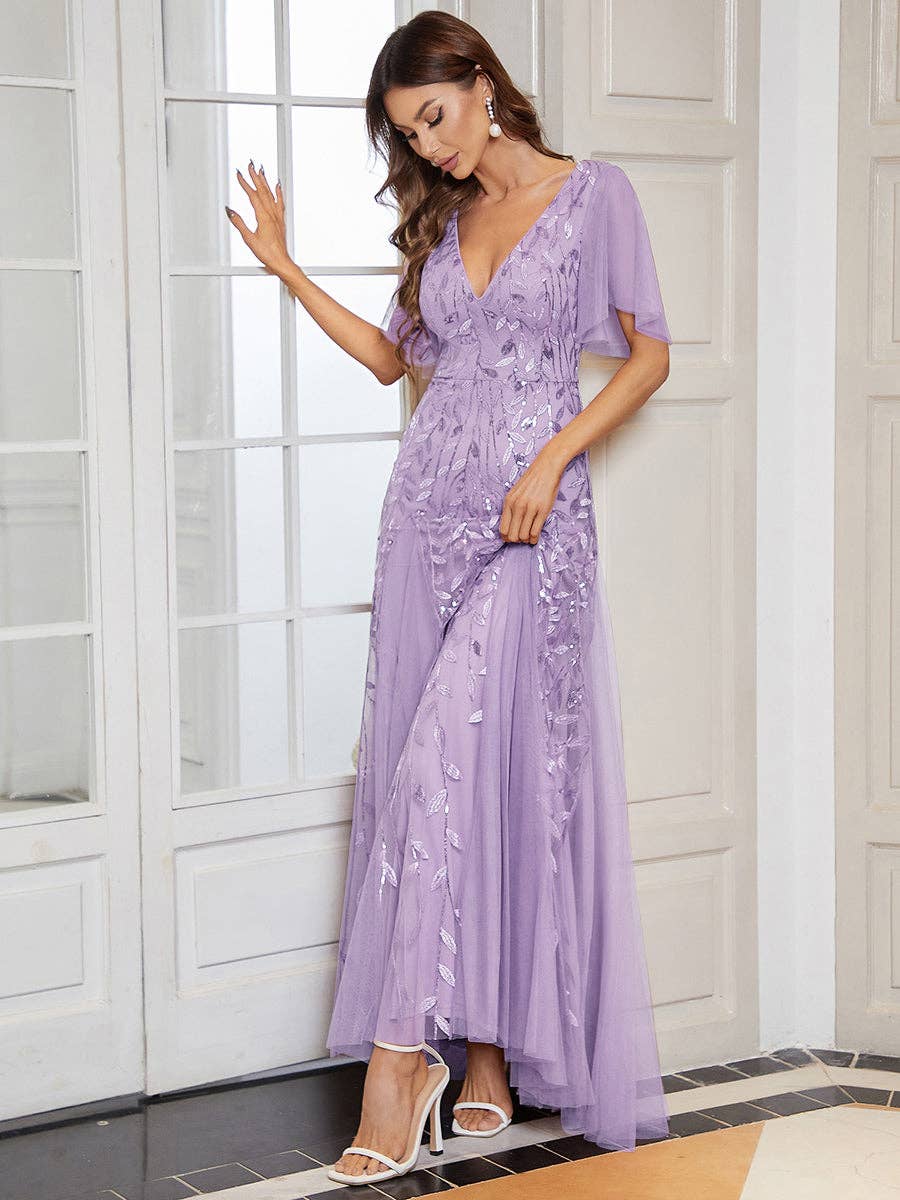 Romantic Shimmery V Neck Ruffle Sleeves Evening Dress