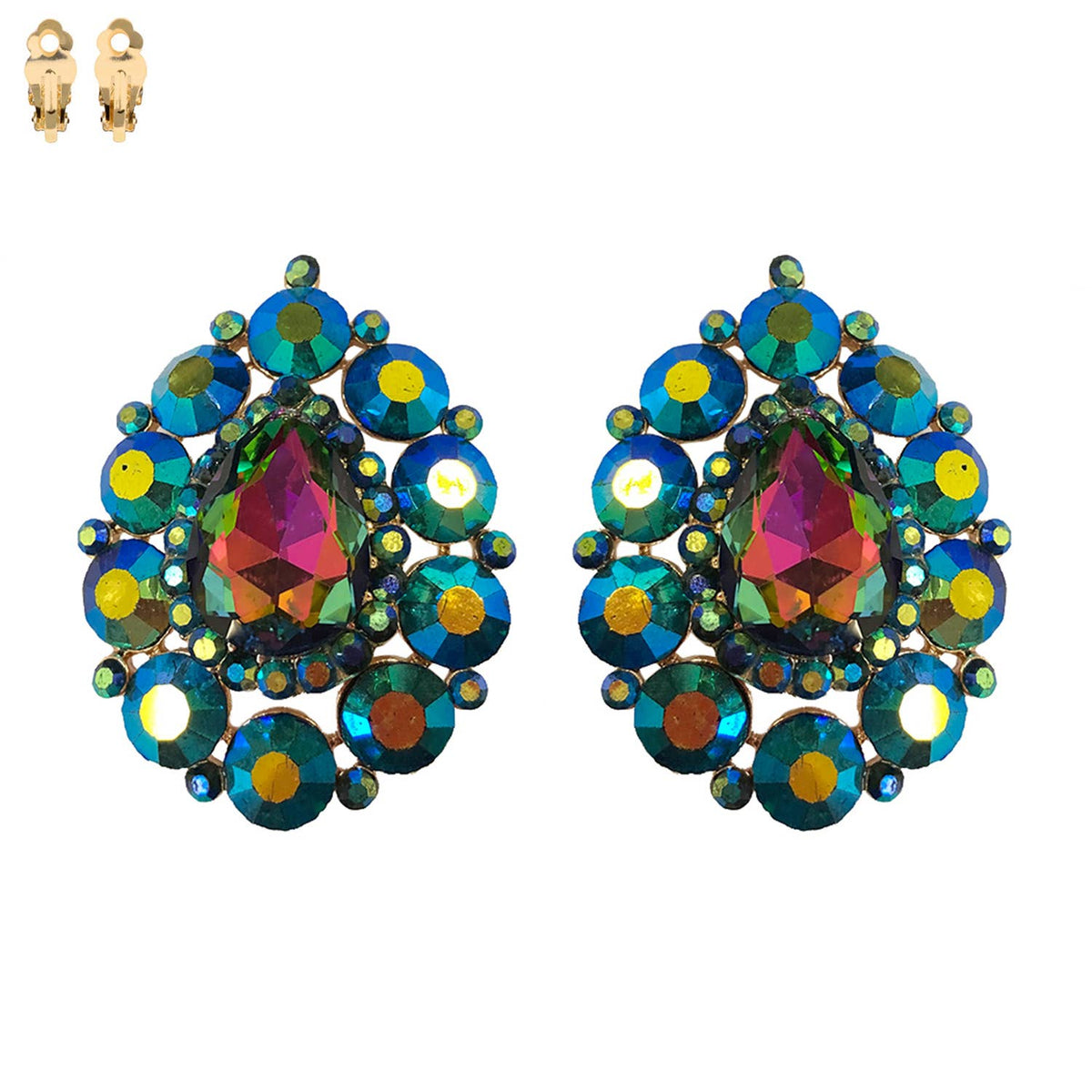 Rhinestone Cluster Halo Pear Shaped Clip On Earrings