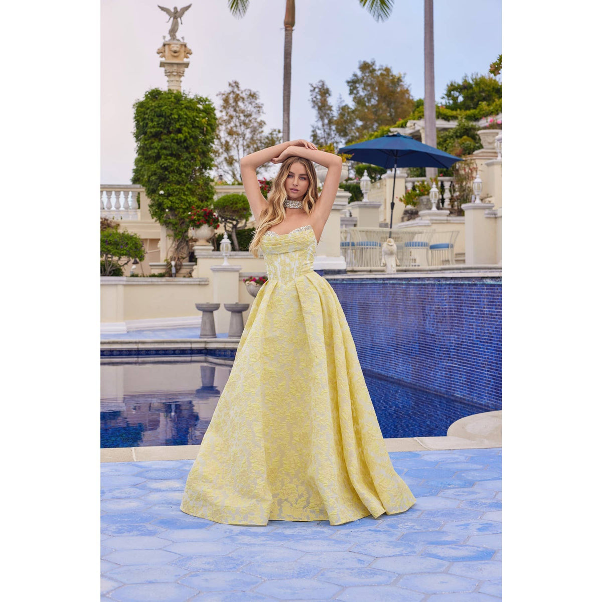 JACQUARD STRAPLESS BALL GOWN WITH STRUCTURED CORSET BODICE A