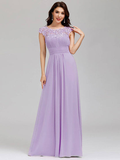 Lacey Neckline Open Back Ruched Bust  Chiffon Evening Dress
