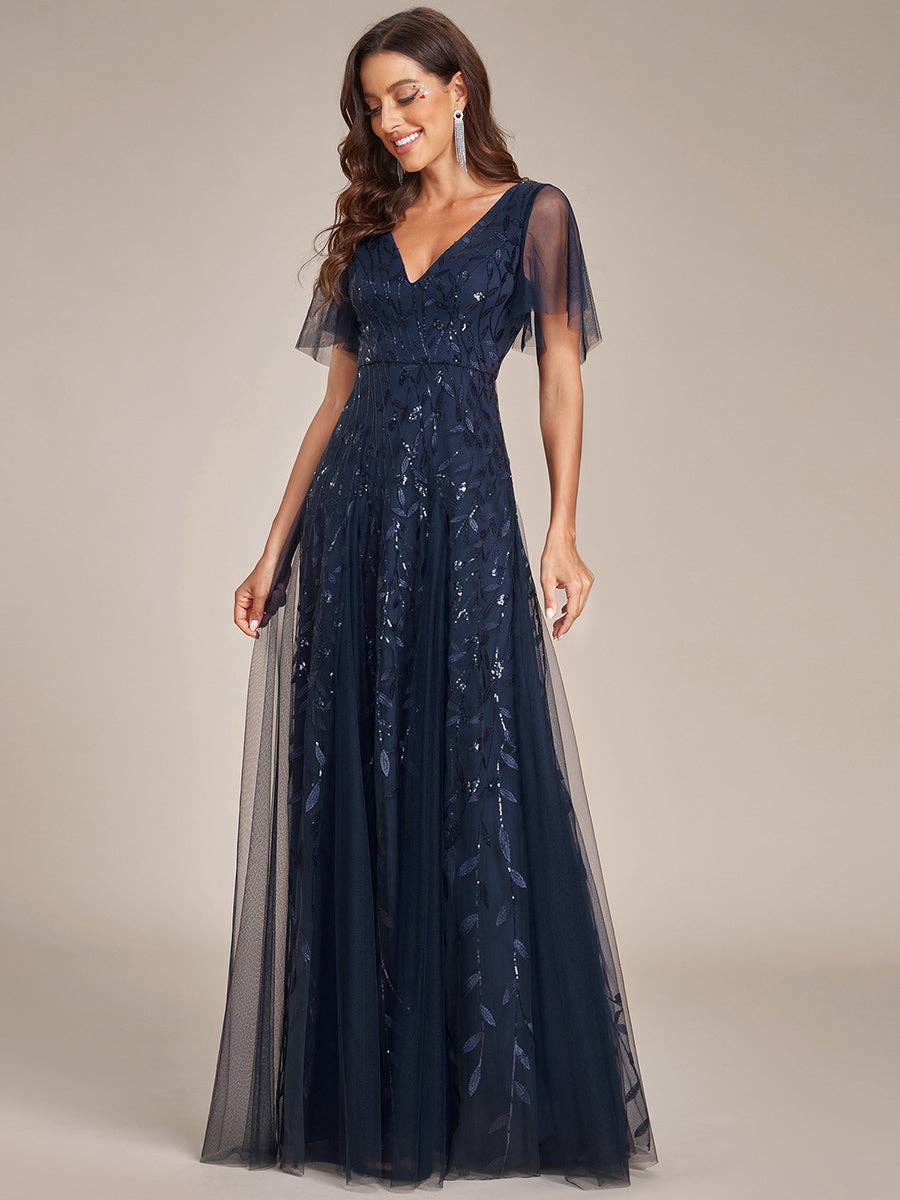 Romantic Shimmery V Neck Ruffle Sleeves Evening Dress