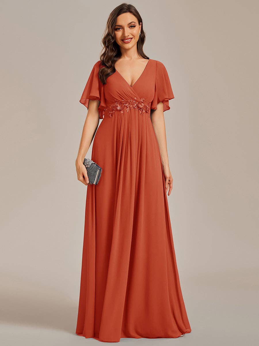 V Neck Appliques Pleated Bridesmaid Dress