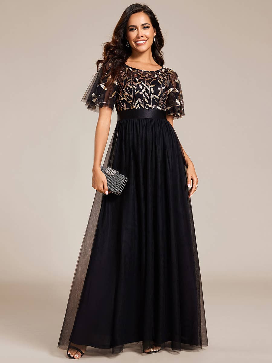 Sequin Print Maxi Long Evening Dresses with Cap Sleeve