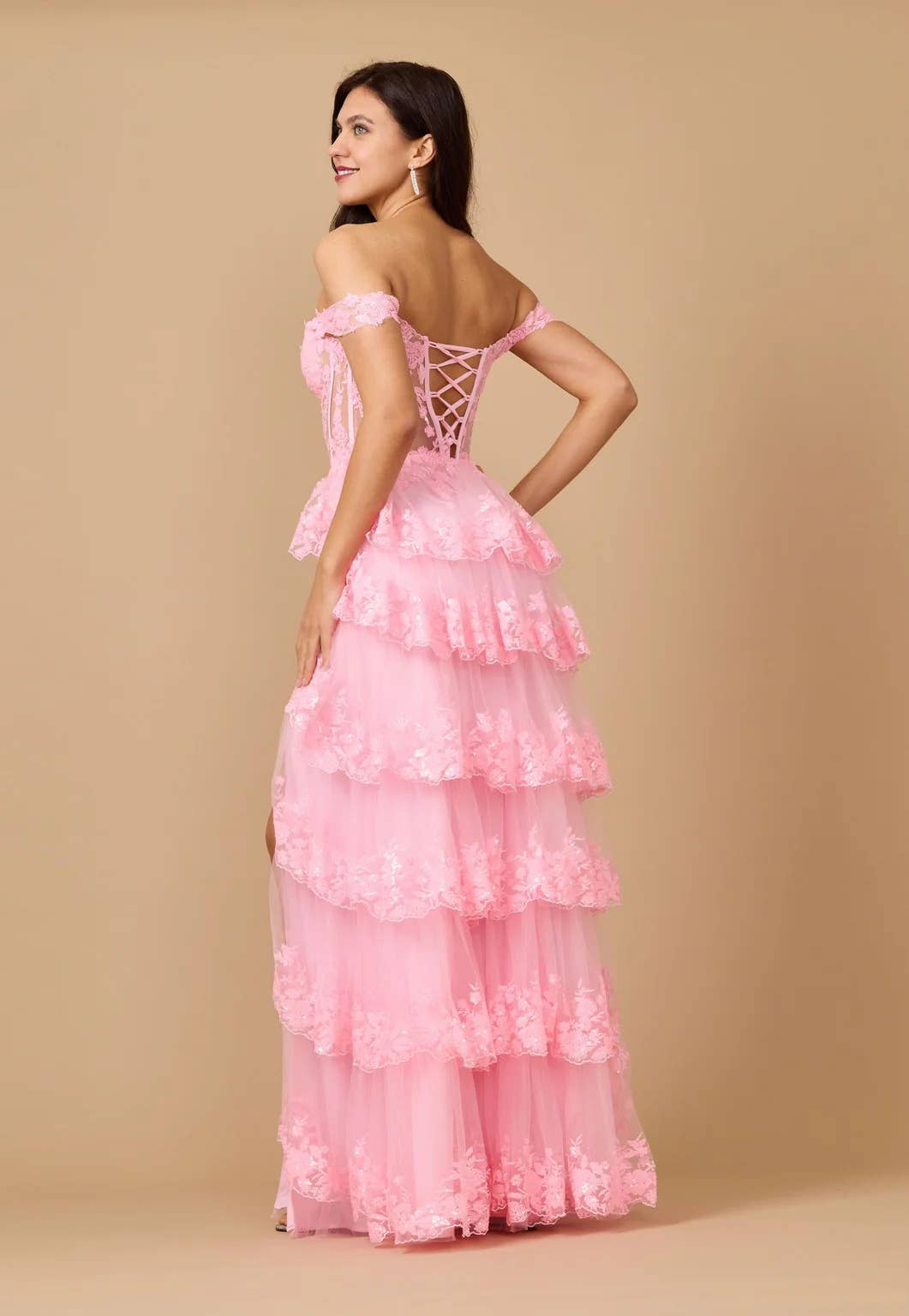 Tiered Prom Dress Off Shoulder Floral Lace with Shimmer