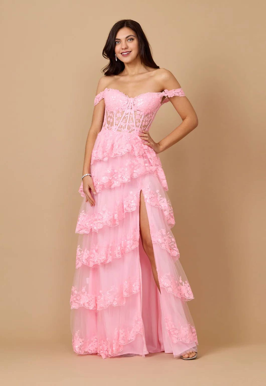 Tiered Prom Dress Off Shoulder Floral Lace with Shimmer