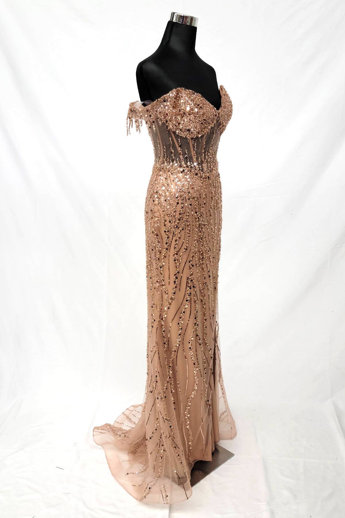 Off the Shoulder Sequin and Bead Long Dress C331