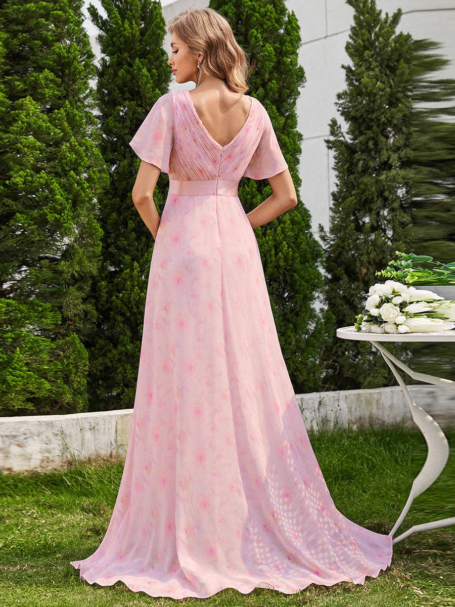 Double V-Neck Ruffles Chiffon Bridesmaid Dress