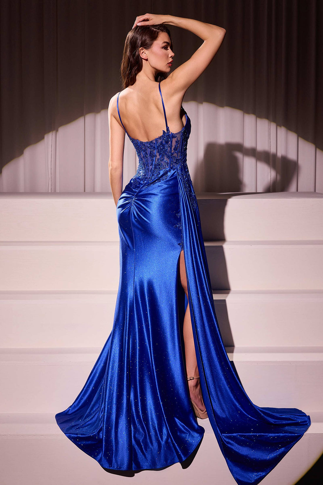 FITTED SATIN & LACE EVENING GOWN
