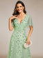 Romantic Shimmery V Neck Ruffle Sleeves Evening Dress