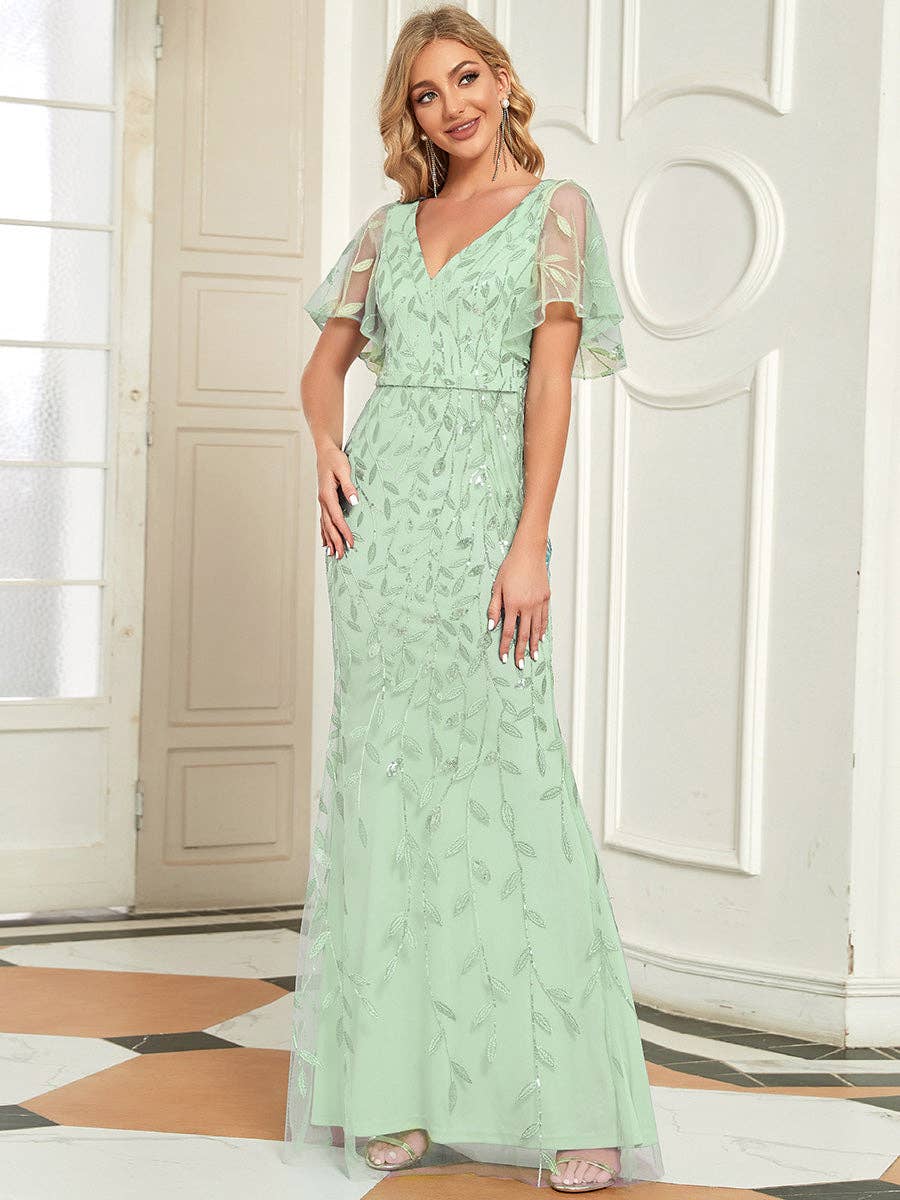Gorgeous Leaf-Sequined Evening Dress