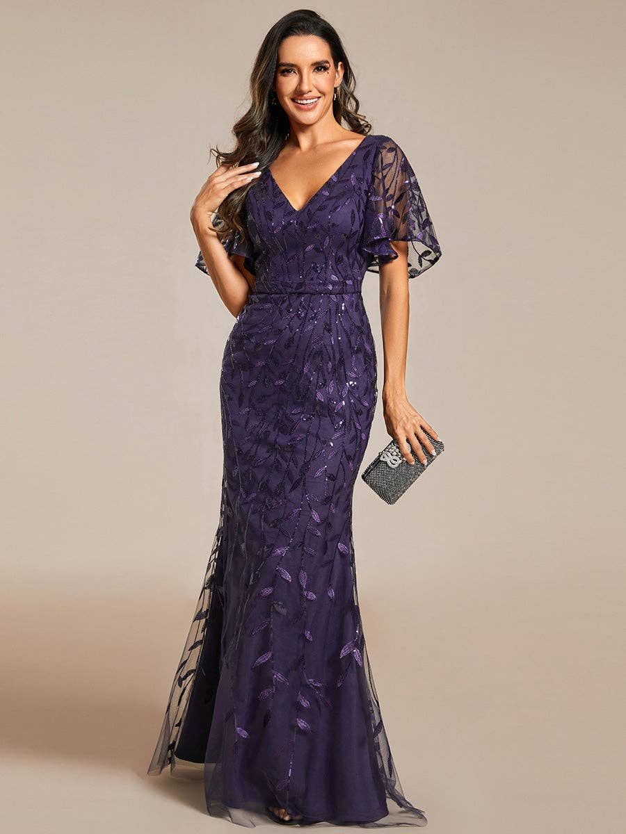 Gorgeous Leaf-Sequined Evening Dress