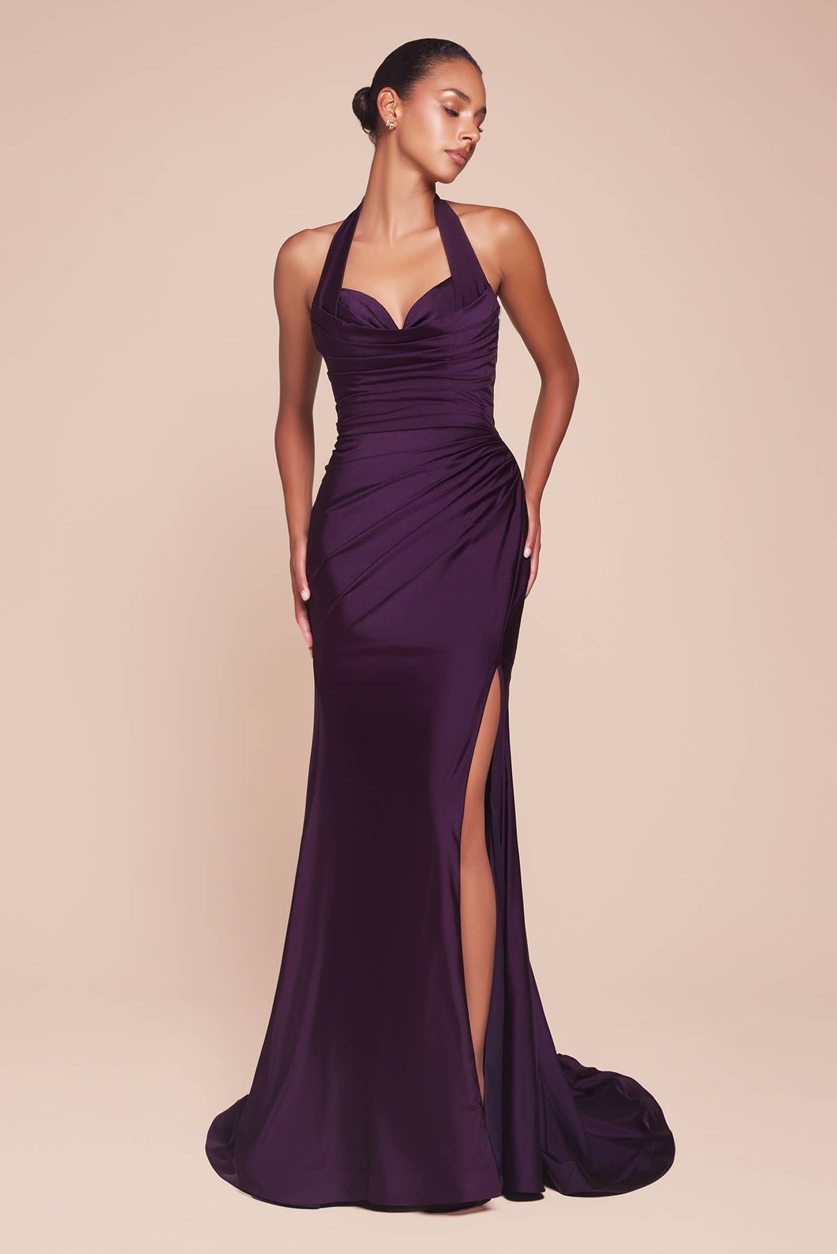 STETCH SATIN HALTER FITTED DRESS