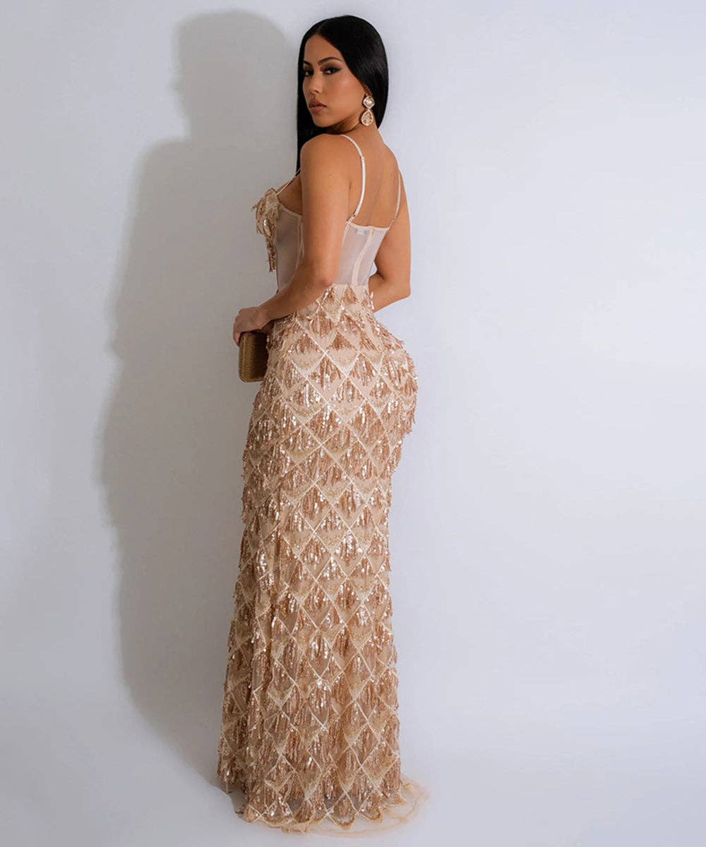 Sequin Halter Wrap Midi Dress