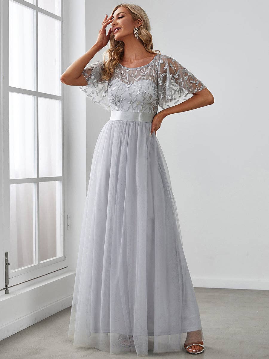 Sequin Print Maxi Long Evening Dresses with Cap Sleeve