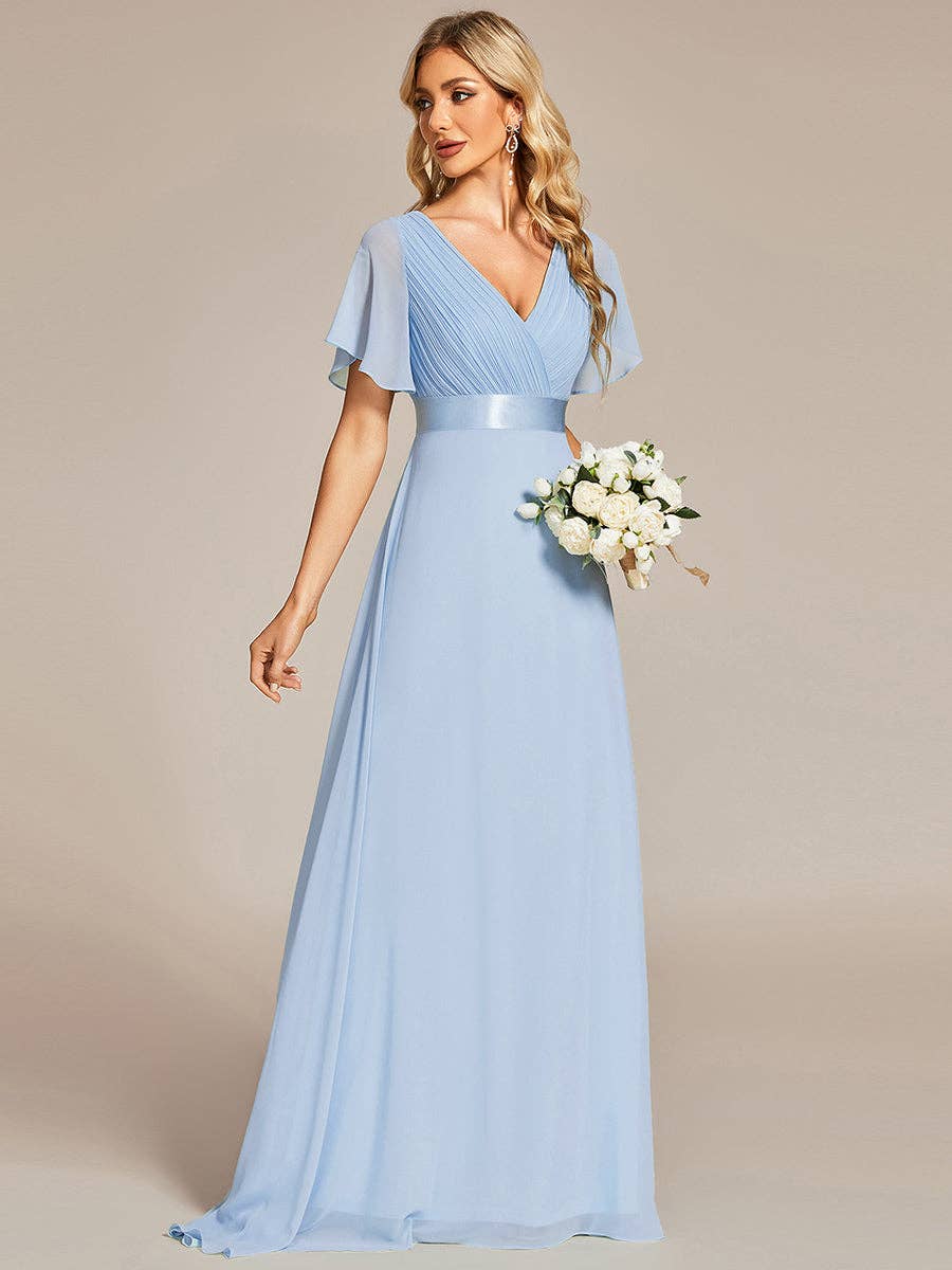 Double V-Neck Ruffles Chiffon Bridesmaid Dress