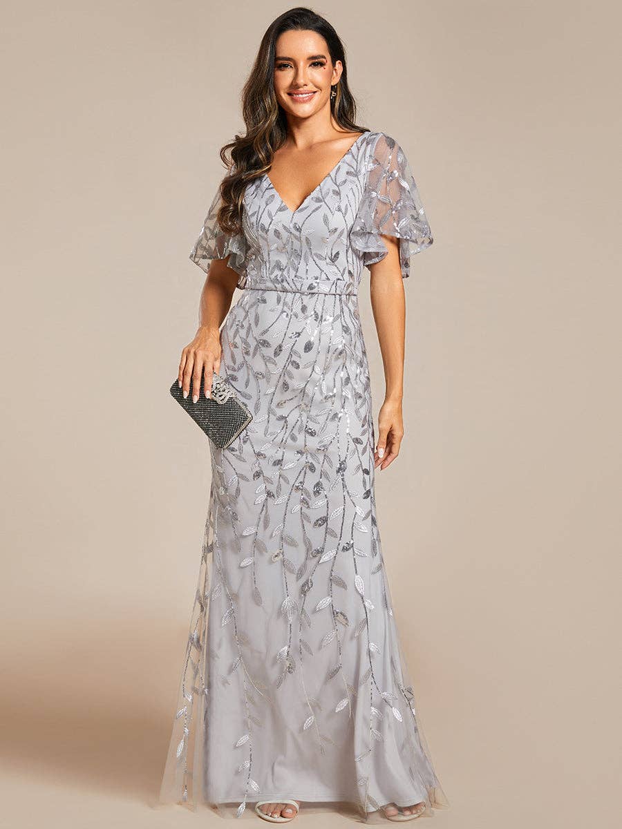 Gorgeous Leaf-Sequined Evening Dress