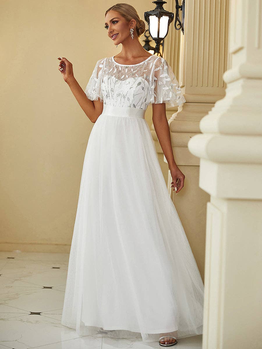 Sequin Print Maxi Long Evening Dresses with Cap Sleeve