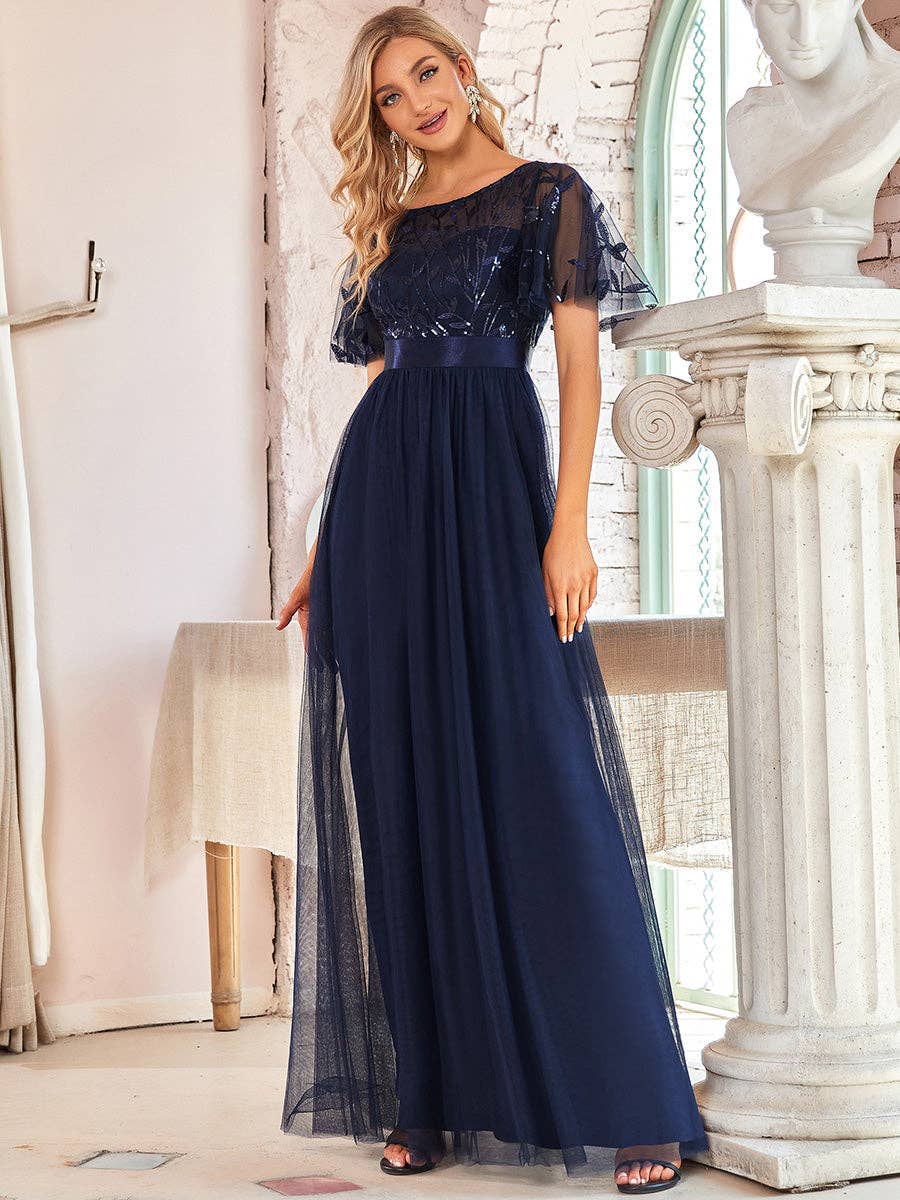 Sequin Print Maxi Long Evening Dresses with Cap Sleeve