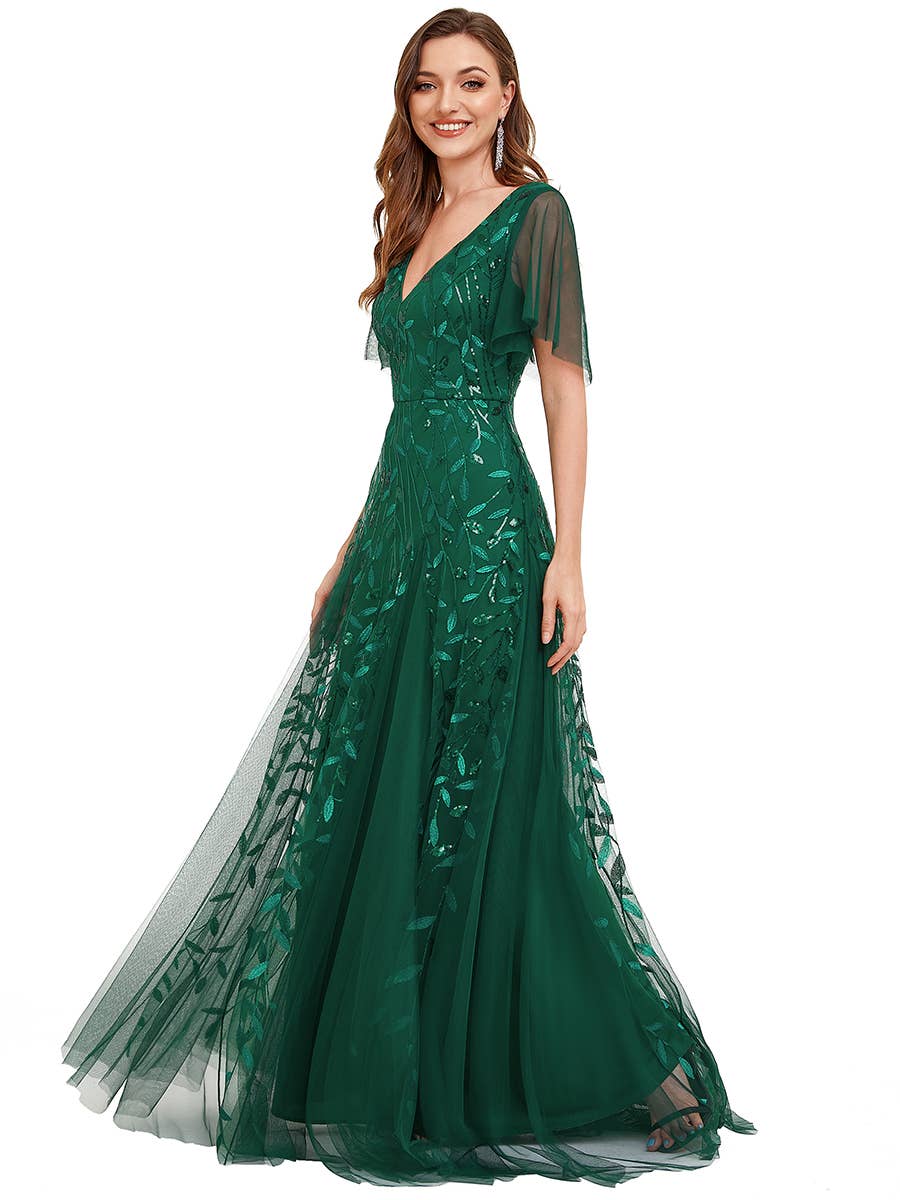 Romantic Shimmery V Neck Ruffle Sleeves Evening Dress