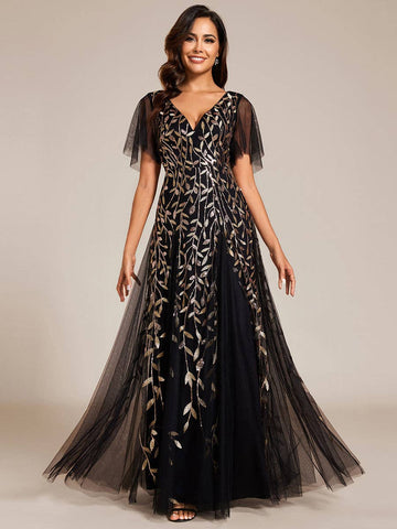 Romantic Shimmery V Neck Ruffle Sleeves Evening Dress