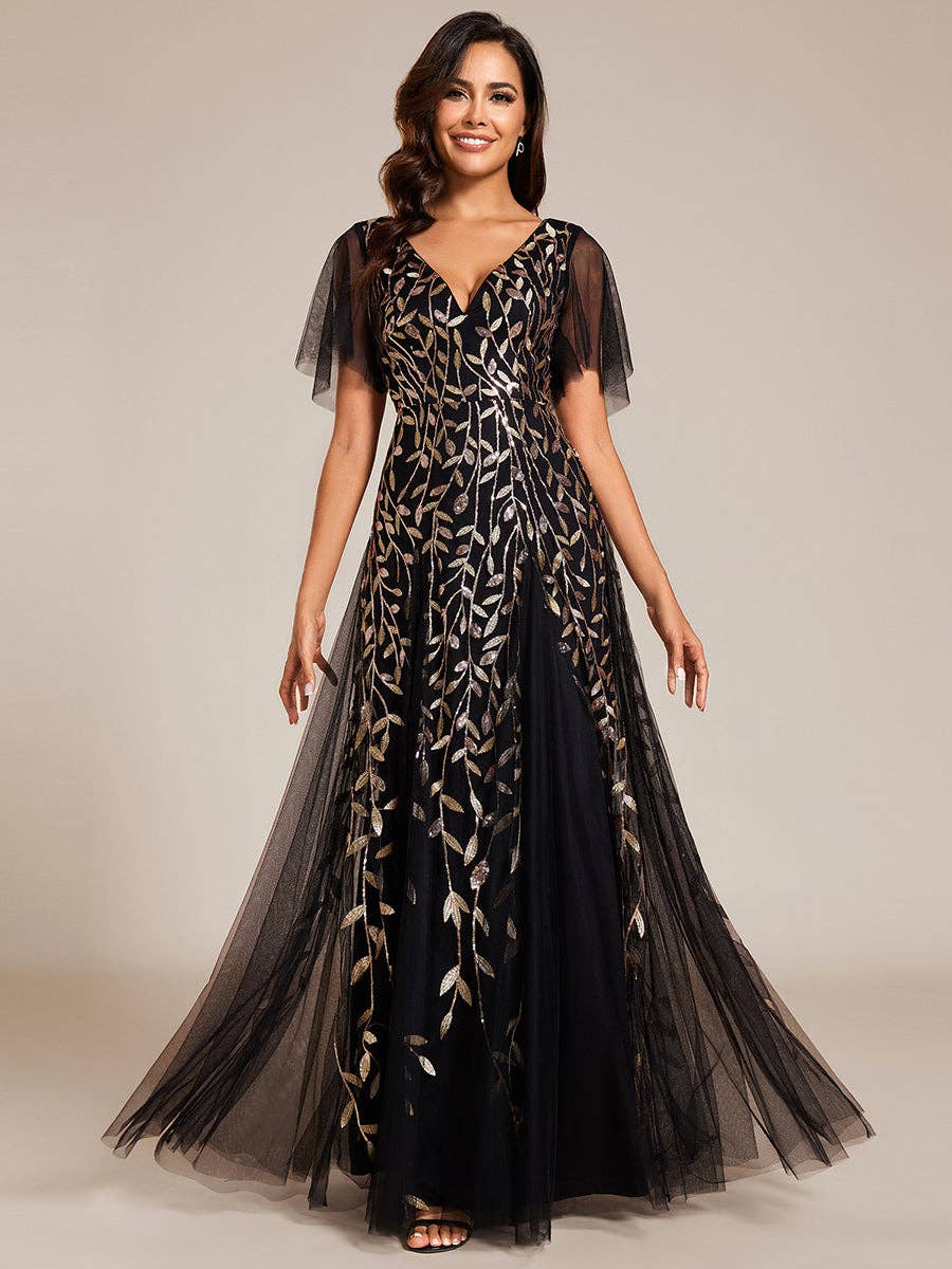 Romantic Shimmery V Neck Ruffle Sleeves Evening Dress