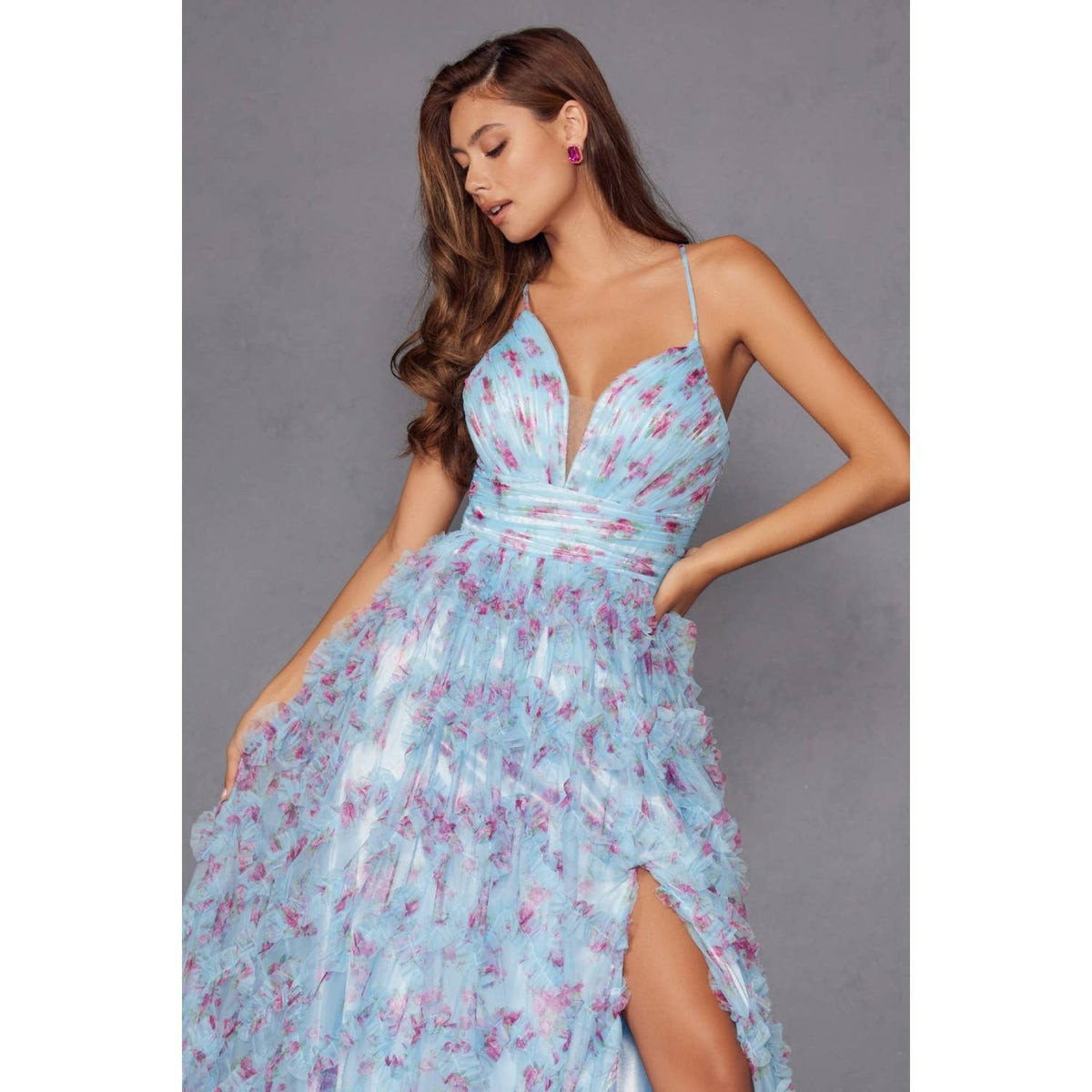 JT2572U THIS DRESS FEATURES A FITTED CORSET WITH A V-NECKLIN