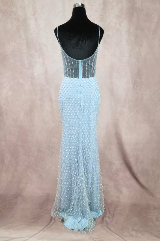 Long Dress With Bow, Pearls And Jewel Rhinestones C848