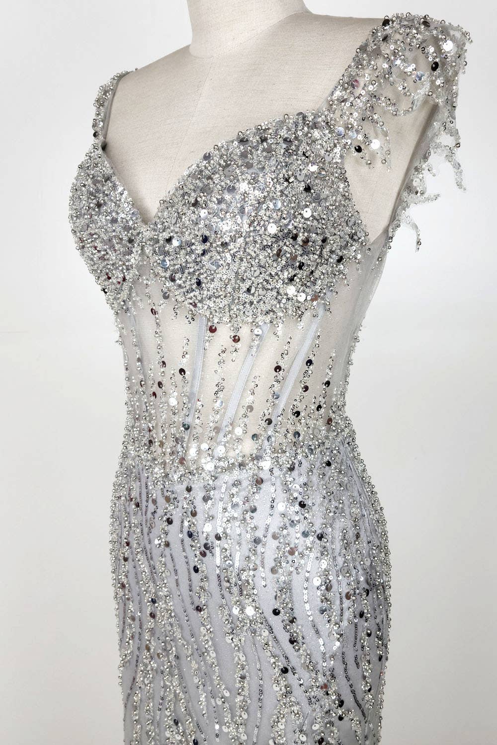 Off the Shoulder Sequin and Bead Long Dress C331