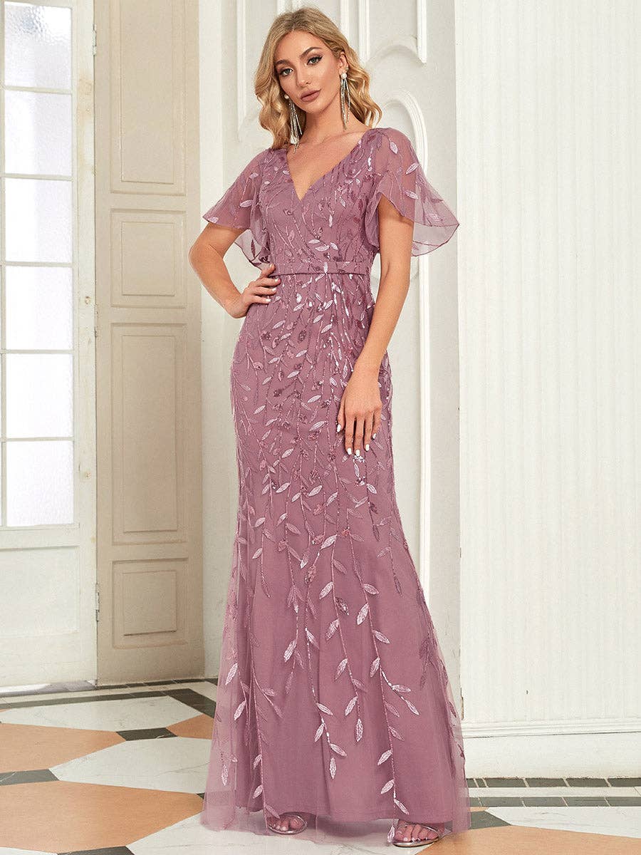Gorgeous Leaf-Sequined Evening Dress
