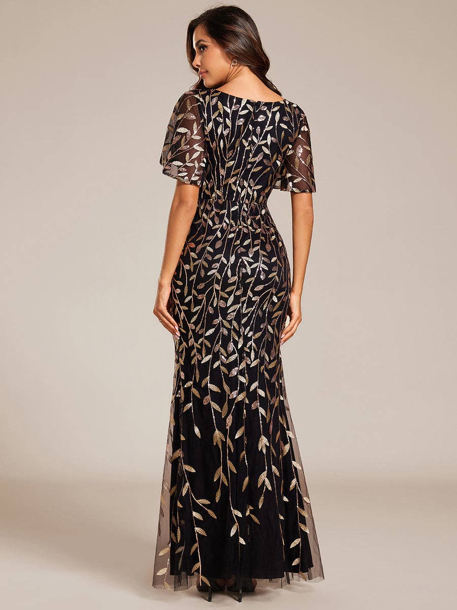 Gorgeous Leaf-Sequined Evening Dress