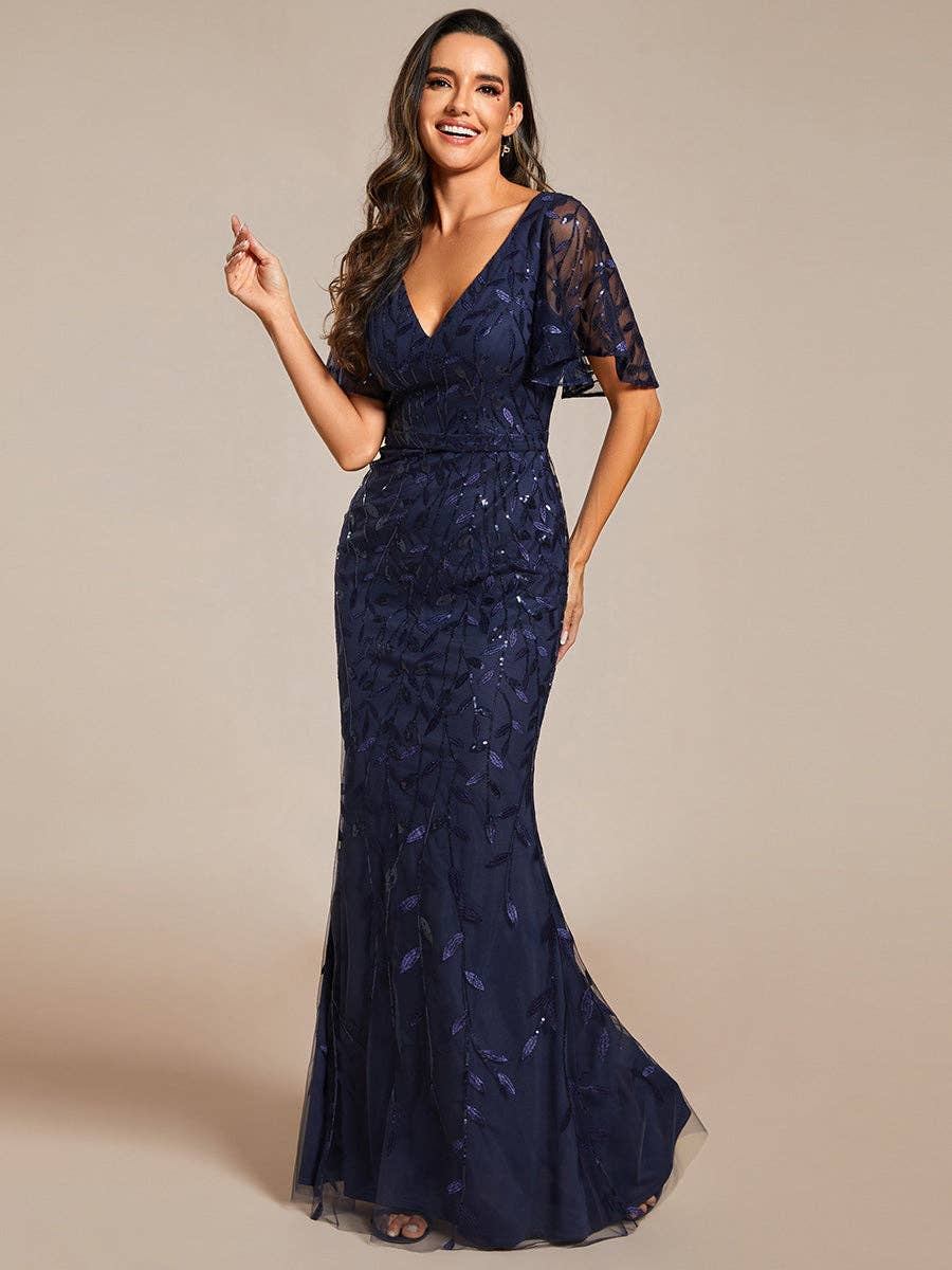 Gorgeous Leaf-Sequined Evening Dress