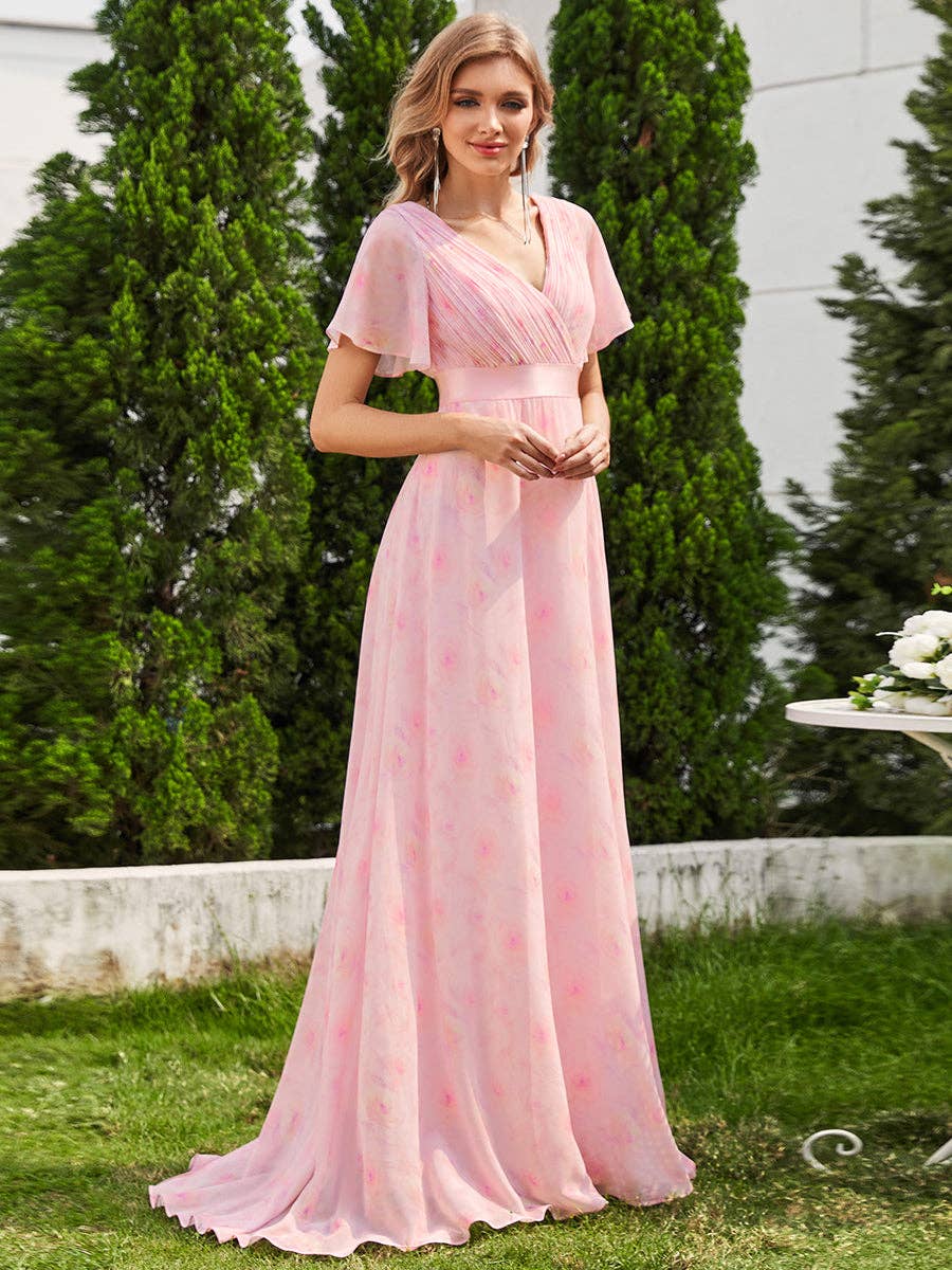 Double V-Neck Ruffles Chiffon Bridesmaid Dress
