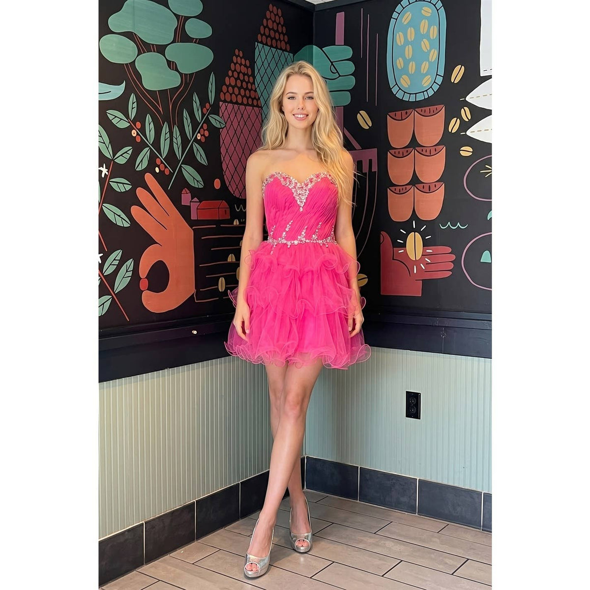 STRAPLESS BEADED BODICE SHORT TULLE COCKTAIL DRESS