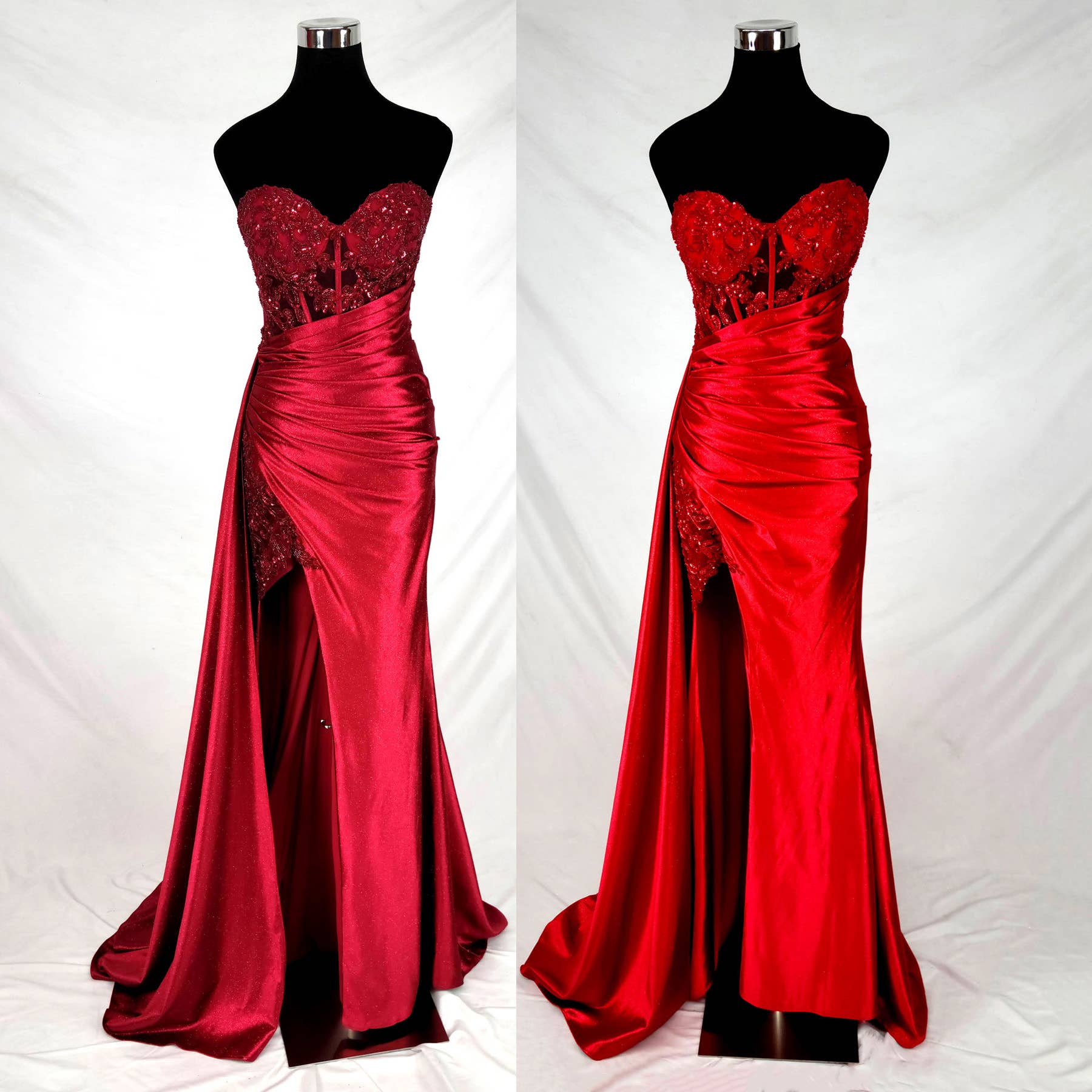 Floor length satin sweetheart dress with split skirt C843