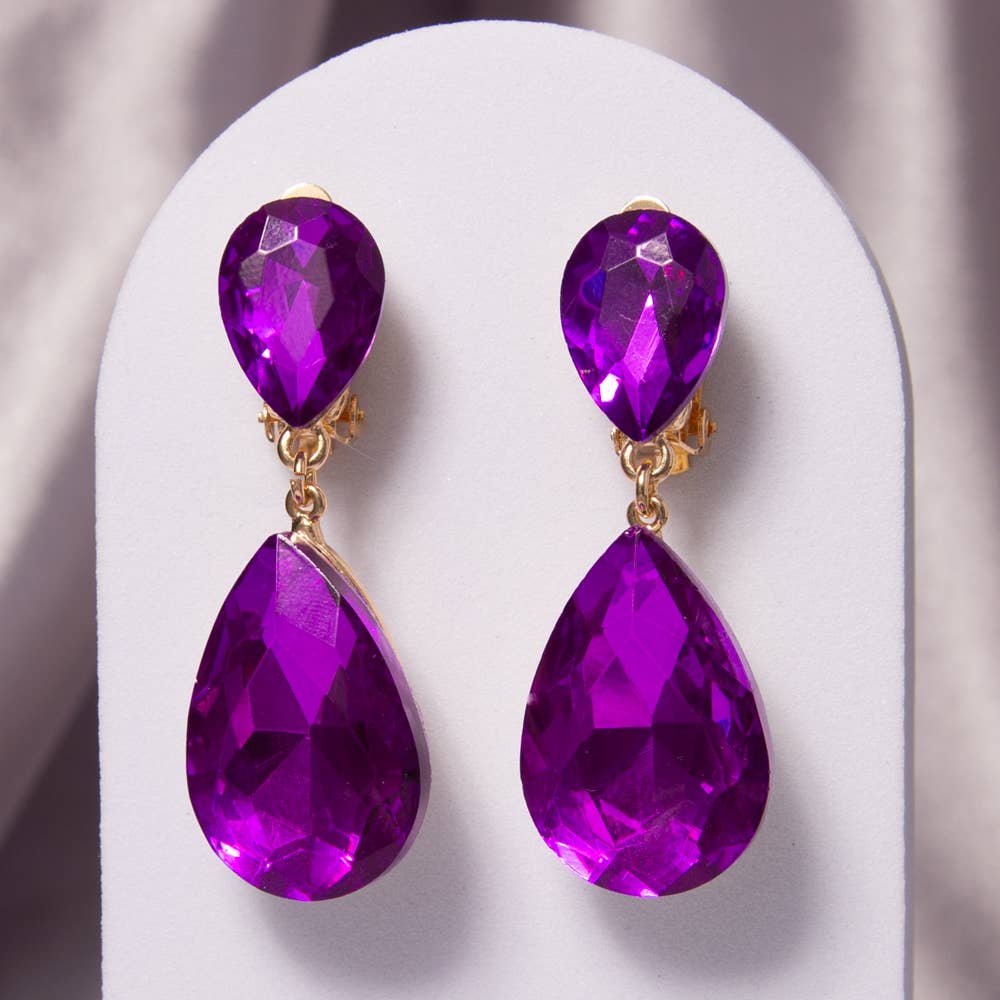 Two-Tier Teardrop-Cut Crystal Dangle Clip-On Earrings