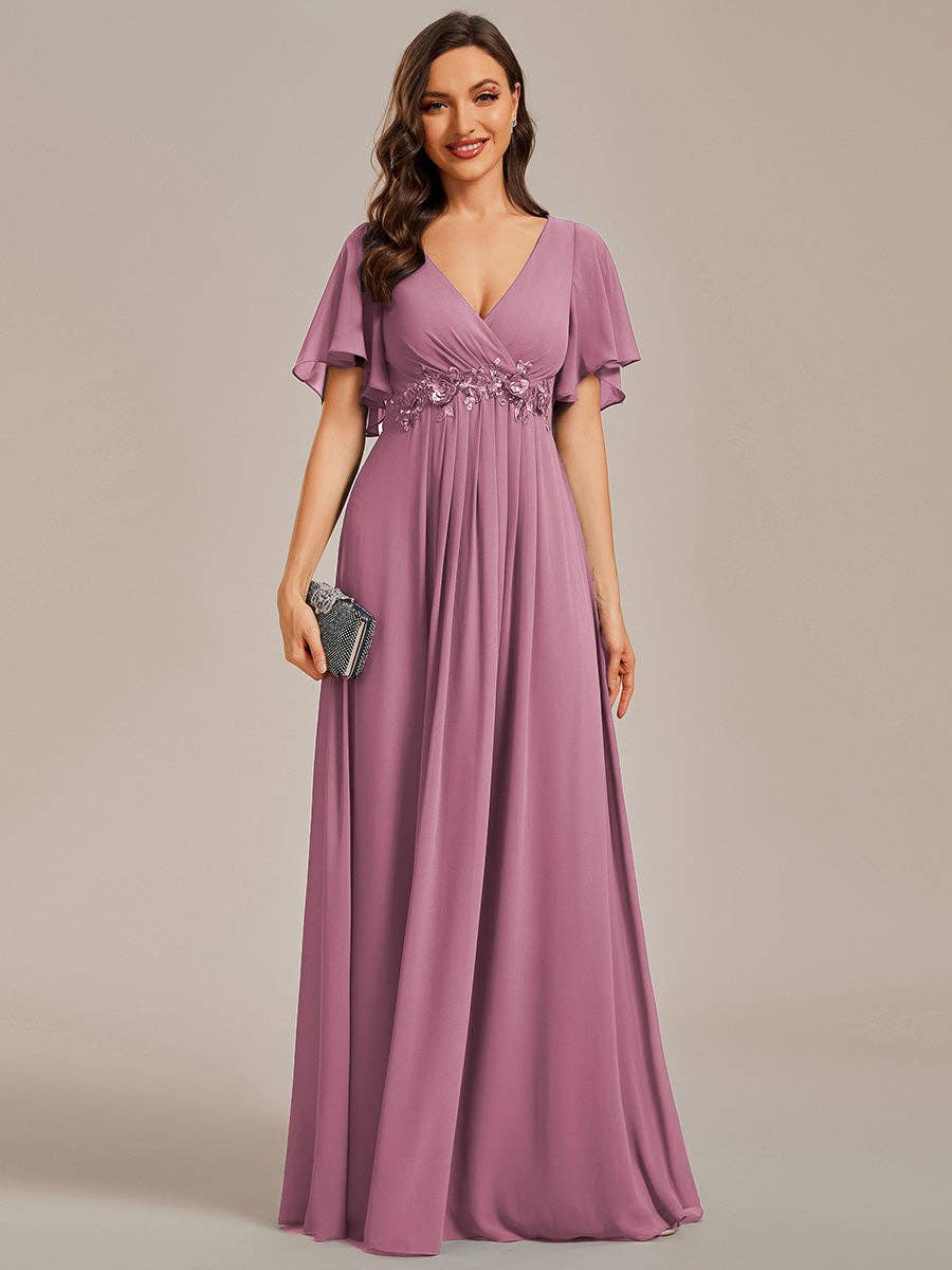 V Neck Appliques Pleated Bridesmaid Dress